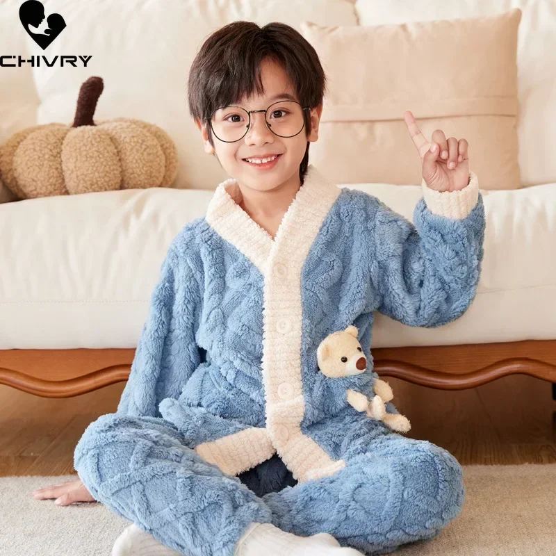 New Autumn Winter Kids Thicken Warm Flannel Pajamas Baby Boys Girls Cartoon Bear V-neck Casual Sleepwear Clothing Sets Pyjamas