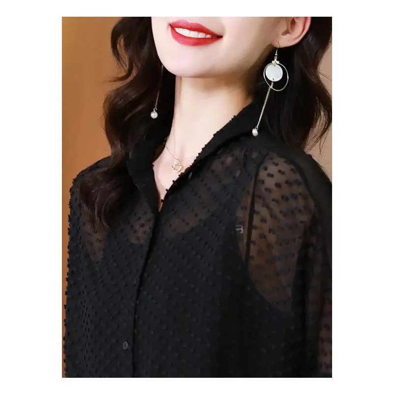 Fashion Loose Gauze Shirt Women Camisole Two Piece Set Spring Summer Half Sleeves Vintage Black Cardigan Women\'s Elegant Blouses