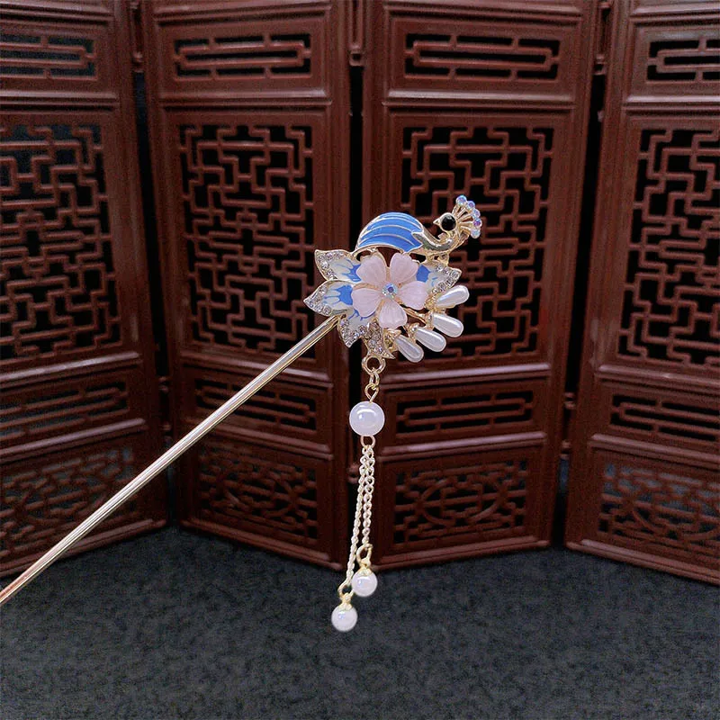 دبابيس شعر على شكل شرابة لؤلؤ الطاووس على الطراز الصيني، دبابيس شعر أوبدو راقية، إكسسوارات هانفو الجديدة على الطراز الصيني #4