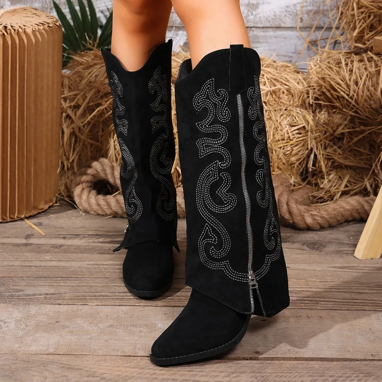 Modetrend Bestickte Western-Cowboystiefel für Damen 2026 Retro Spitze Zehe Dicker Absatz Lässige Reißverschluss-Kniestiefel für Damen – Detail 11