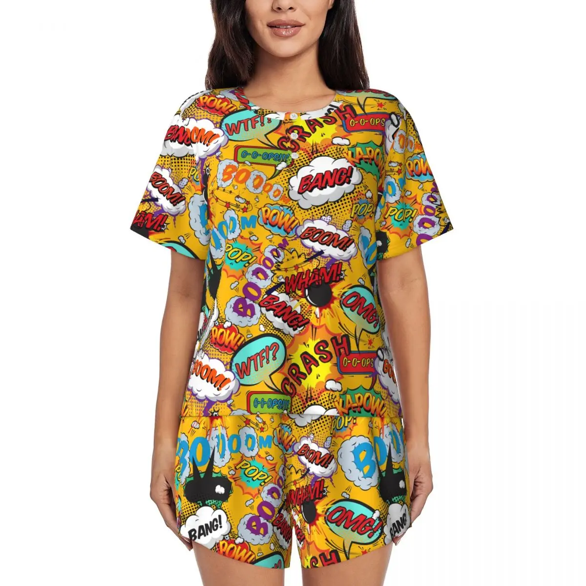 Custom Superhero Comic Book Pop Art Shout Outs Cartoon Pajama Sets for Women 2 Piece Short Sleeve Pjs Shorts Sleepwear