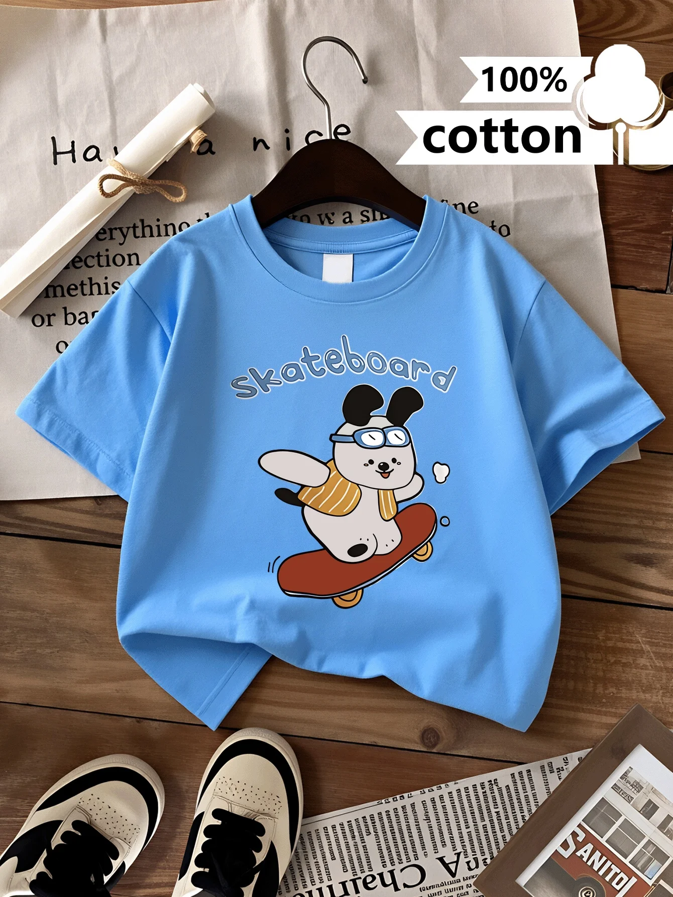 Skateboard Dog Wearing Glasses T-shirt Round Neck Top Korean Half Sleeved Children's Daily Versatile Parent-child Outfit