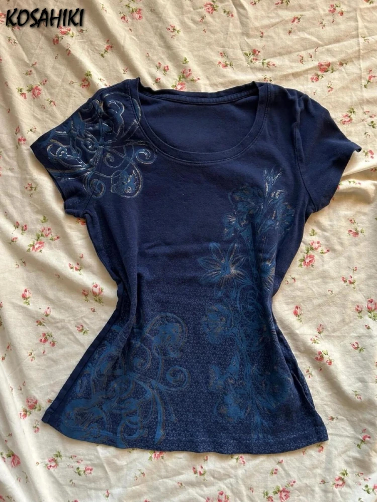 

2025 Summer Vintage Women Navy Blue Printing Tshirts Harajuku Casual Y2k Aesthetic Tops Streetwear Grunge Slim Fit Fairy T-shirt