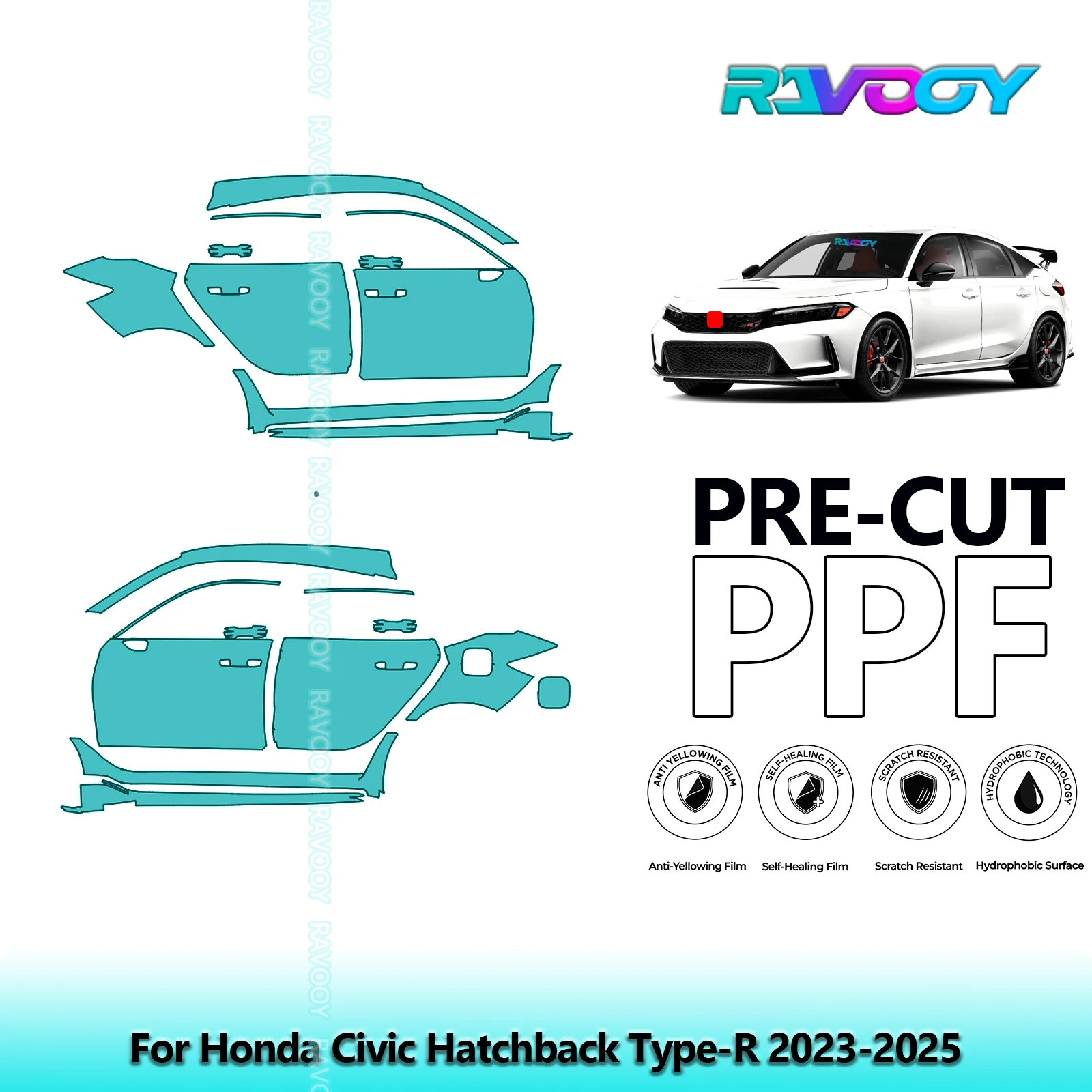 

For Honda Civic Hatchback Type-R 2023-2025 8.5mil Clear Matte Pre-Cut PPF Door & A/B Pillar Kit TPU Paint Protection Film Set