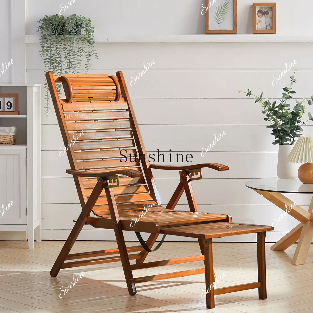 

Bamboo Foldable Recliner Lounge Chair with Retractable Footrest Outdoor FT