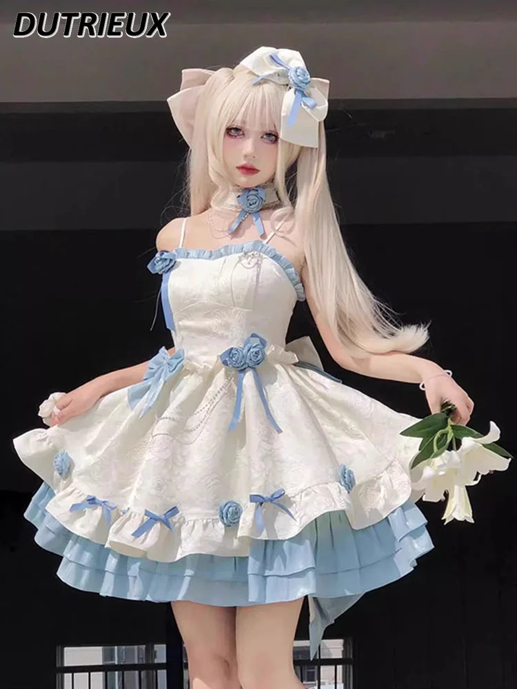 

Apricot Blue Color Matching Gothic Style Lolita Bow Dress JSK Heavy Industry Sling Waist Trimming Short Princess Dresses