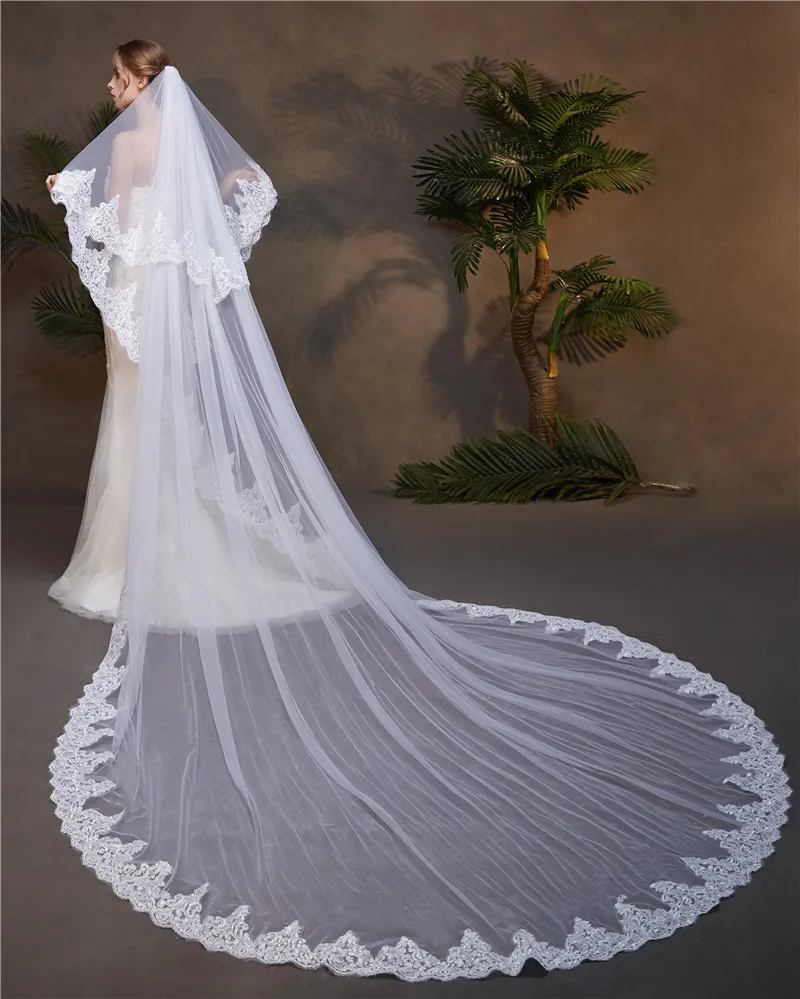 Velo de novia de encaje largo, cubierta de 2 capas, blanco marfil, catedral, boda, matrimonio, accesorios para el cabello nupcial, elegante, Vintage