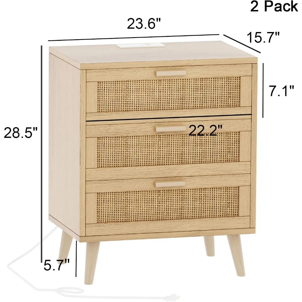 Rattan Nightstand with Charging Station, Night Stand with 6 Drawers,  Side Table with USB Ports and Outlets