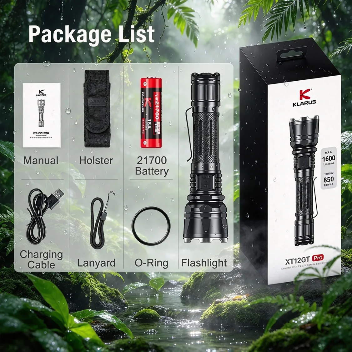 KLARUS XT12GT PRO Rechargeable Tactical Flashlight Luminus SFT40 1600LM  Torch Light by 21700 Battery for Daily Carrying Patrol