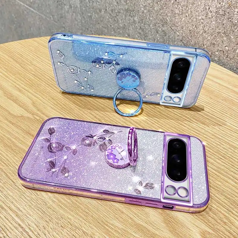 Floral Rhinestone Bling Soft Case For Google Pixel 8 Pro 7 7a 6a 6 Preserved Flower Pattern Phone Case With Ring Stand Holder