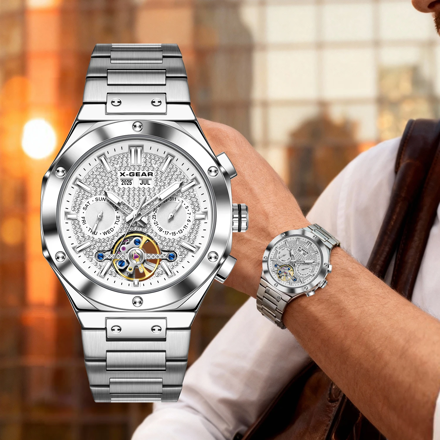 ساعة X-GEAR للرجال بحركة ميكانيكية مع قرص كبير وحزام من الفولاذ المقاوم للصدأ كاجوال/نمط الحفلات مضيئة ومقاومة للماء