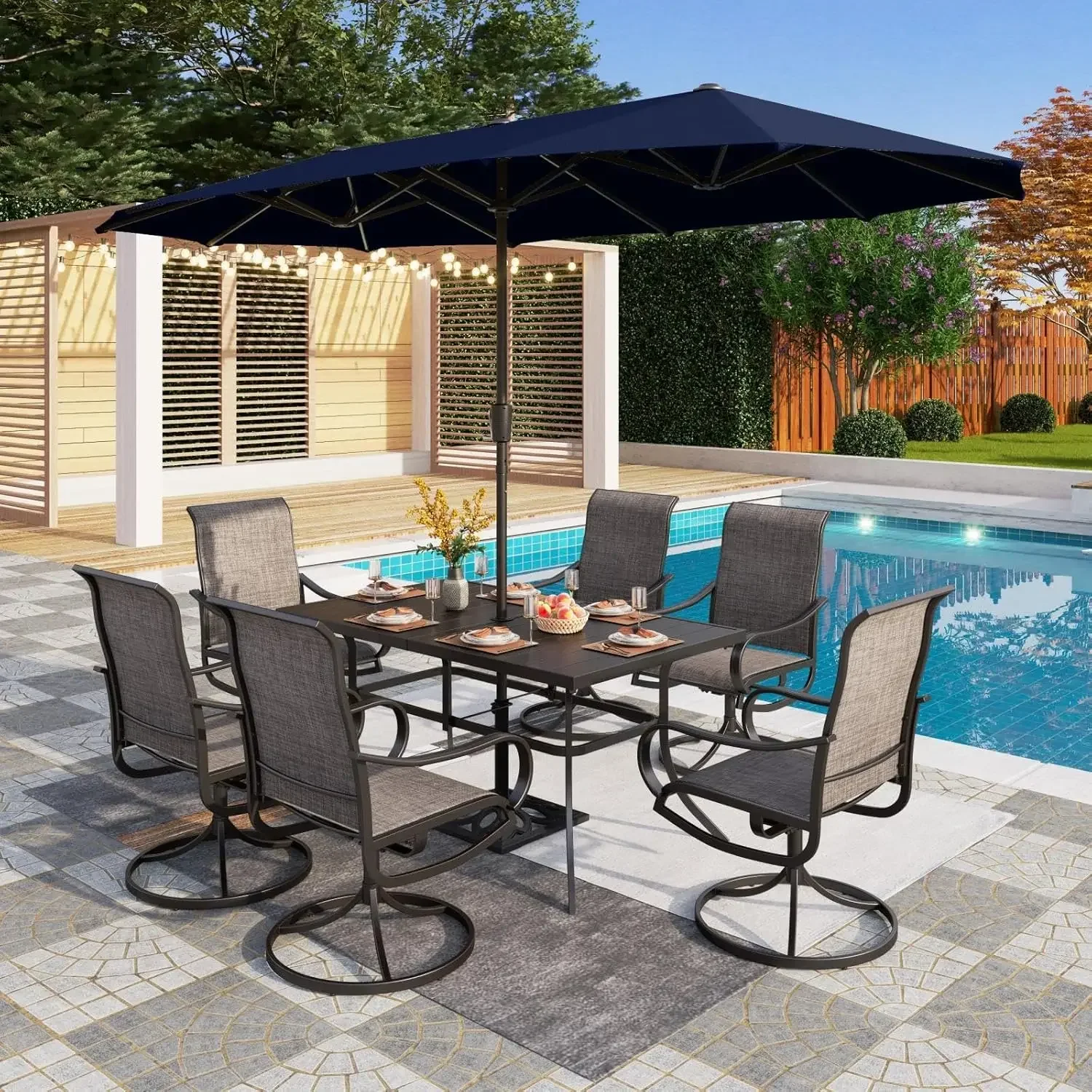 8 Piece Patio Dining Set with 13ft Patio Umbrella (Navy Blue), 6 Outdoor Swivel Chairs with Round Base