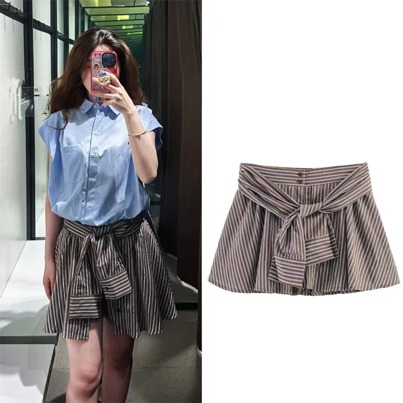 

Женские шорты-юбка 2026: Новинка лета, коричневые в полоску, с декоративными шнуровками, повседневные, модные, яркие и милые, универсальные