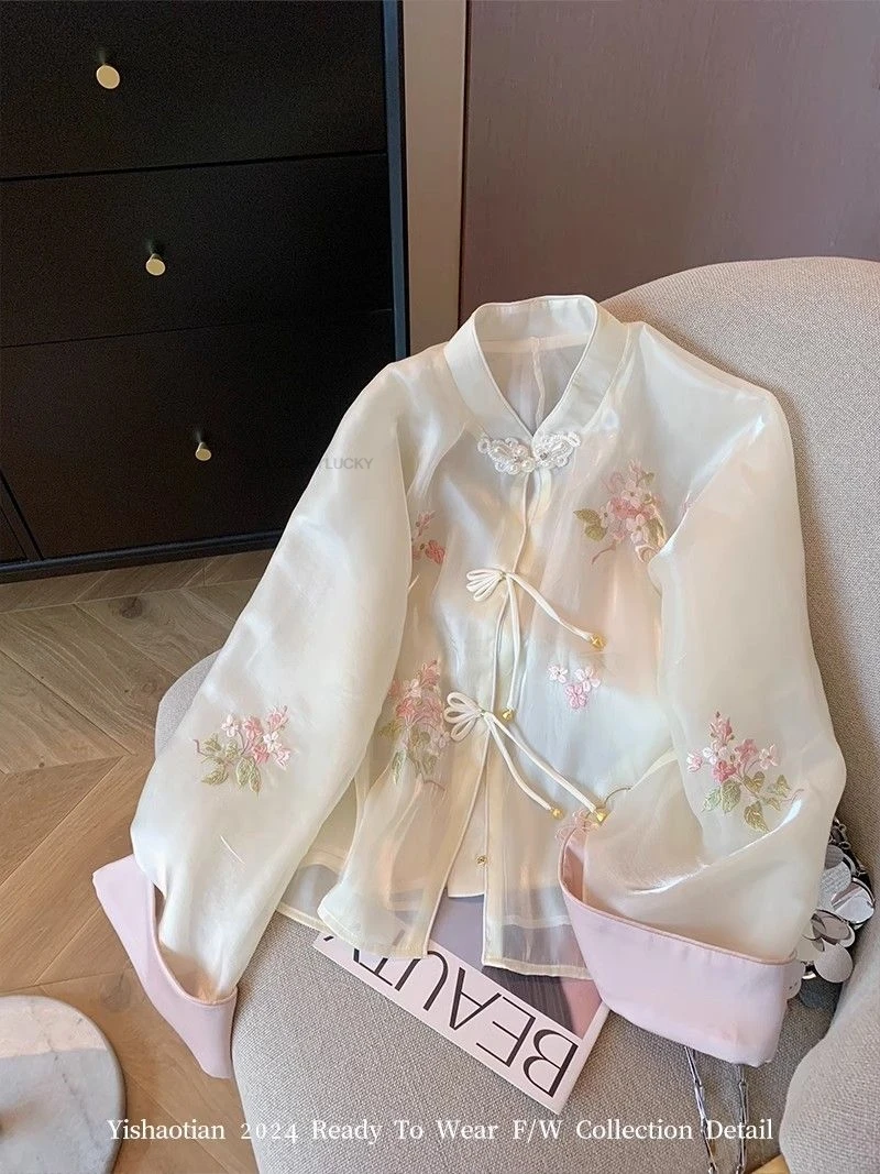 

Chinese Style Retro Jacquard Tang Suit Top Summer Fashionable Women Embroidery Long Sleeve Vintage Elegant Tangsuits Blouse