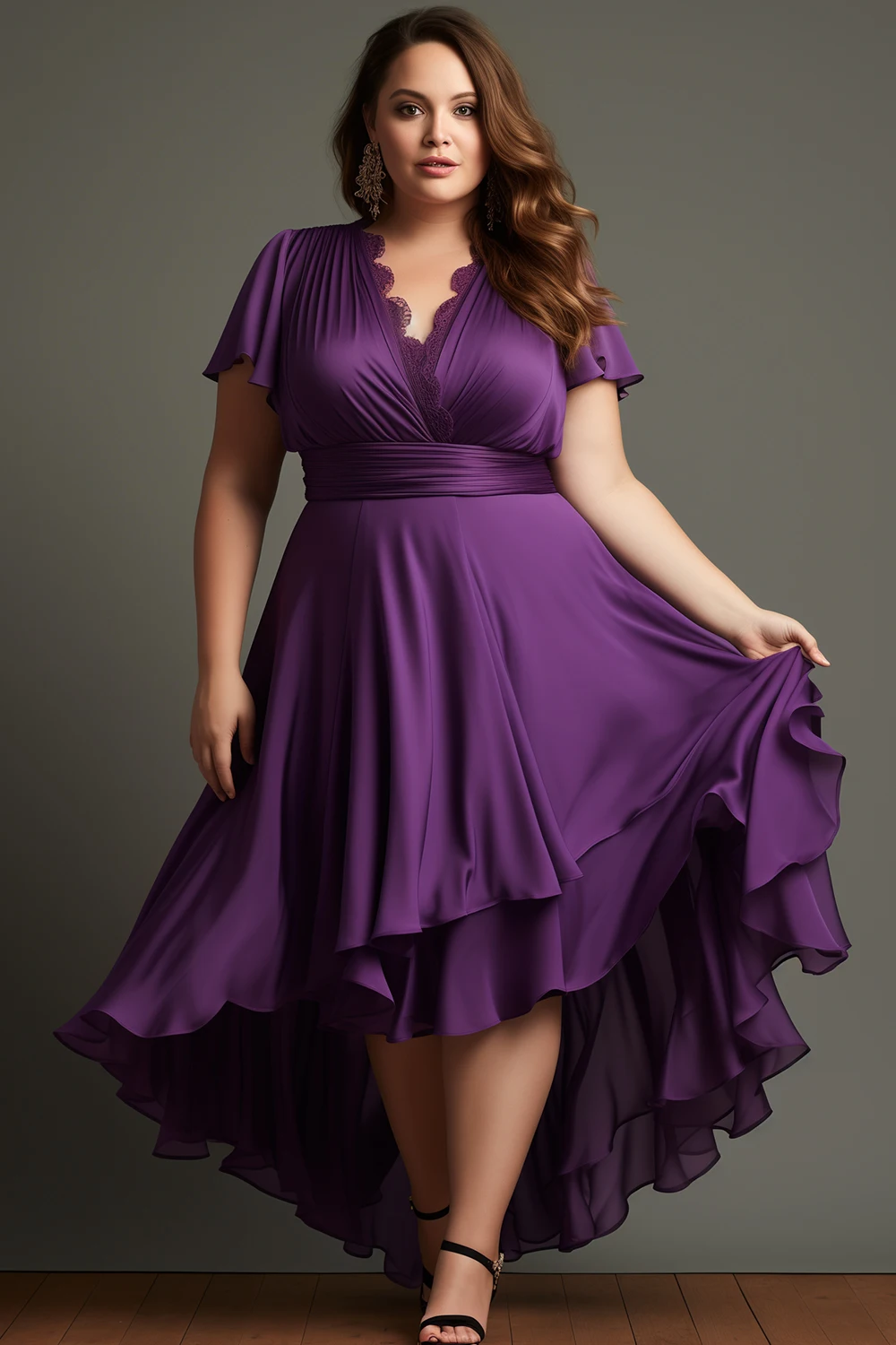 

Flycurvy Plus Size Wedding Guest Grape Satin Wrap High Low Hem Flutter Sleeve Maxi Dress