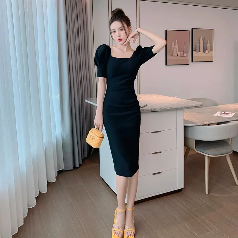 Mid-Length Hip Skirt Summer Clothing New Women's French Square Collar Socialite Dress