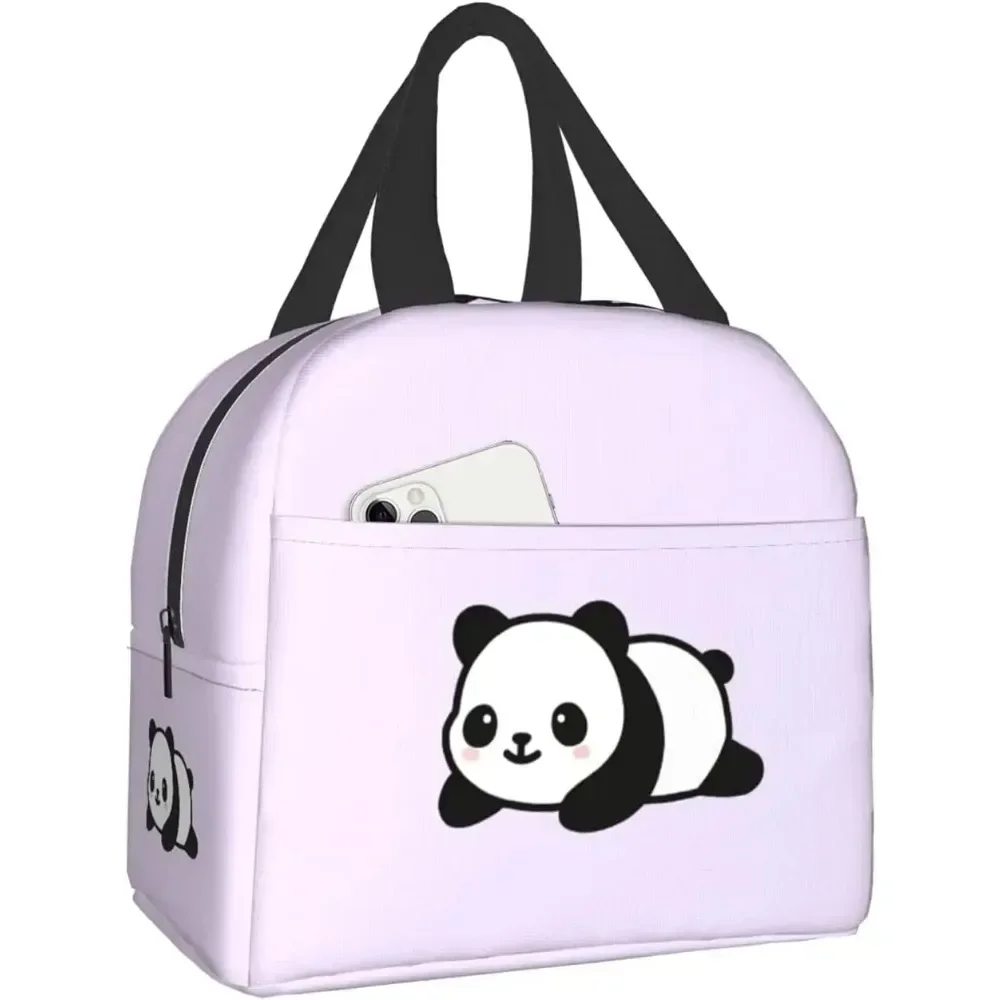 Cute Panda Purple Lunch Bags Insulated Lunch Box for Women Reusable Tote Cooler Bag for Shopping Picnic Travel