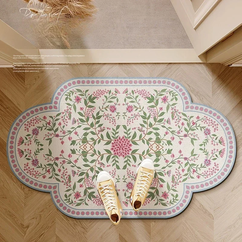 VIKAMA Chinese Style Floral Bird Irregular Rug Dark Blue Peony Flower Print Non Slip Water Absorbent Entrance Doormat