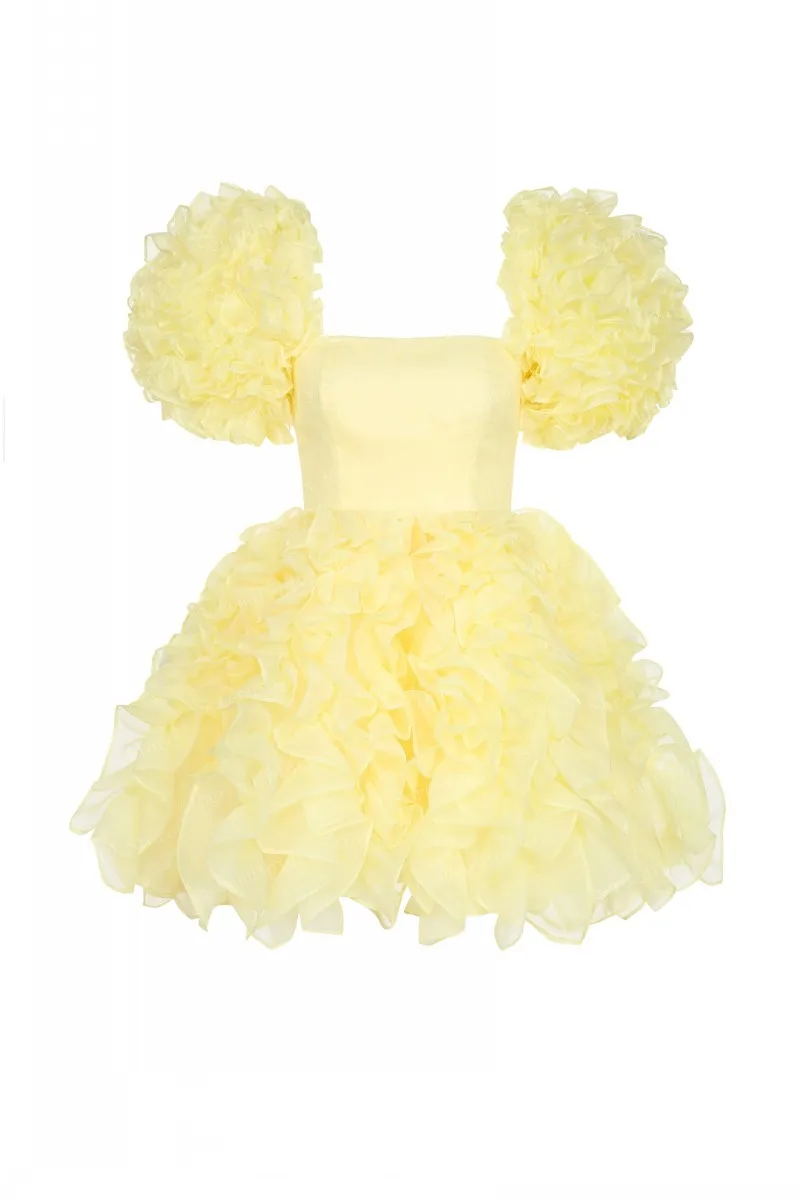 Vierkant hals Kurzarm Rüschen Tüll Kleid geschichtet Baby gelb Chiffon Party Kleider immer hübsche Sommer Frau Kleidung