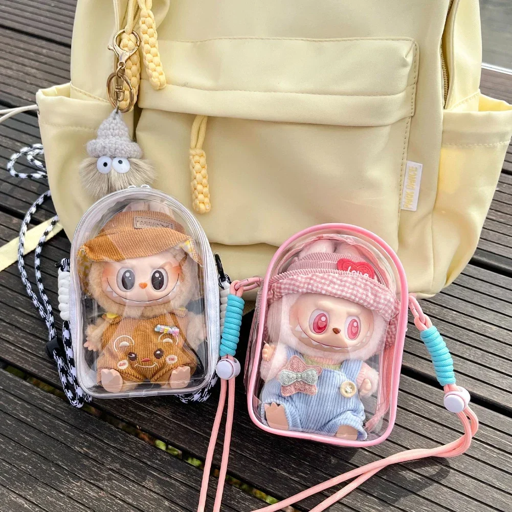 Para muñeca de algodón Labubu V2 de 15cm, bolsa cruzada para el dolor, bolsa de almacenamiento de plástico, bolsa de exhibición para muñecas con bolas de pelo (sin muñecas)