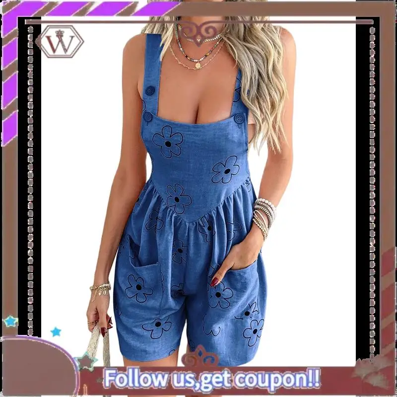 

A95D-женские летние комбинезоны 2025 года с цветочным принтом в стиле бохо без рукавов с завязкой на спине, струящиеся короткие комбинезоны, пляжная одежда