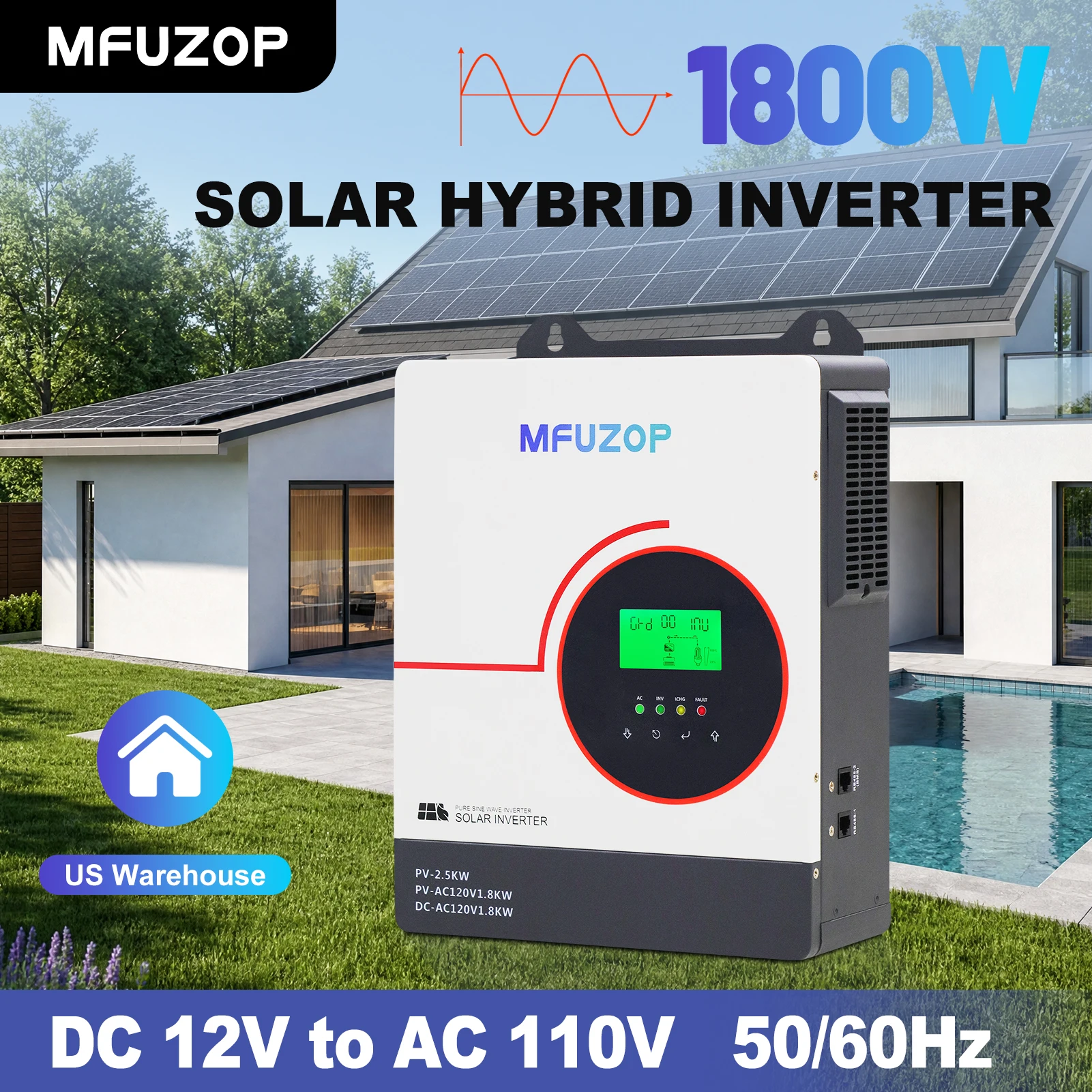 MFUZOP 12V1800W Hybrid Solar Inverter,12V DC to 110/120V AC,Pure Sine Wave Inversor Built in 100A MPPT Charger,Max. PV Input 2500W 300Vdc, Off Grid Inverter, for Lead Acid/LiFePO4,Home Backup