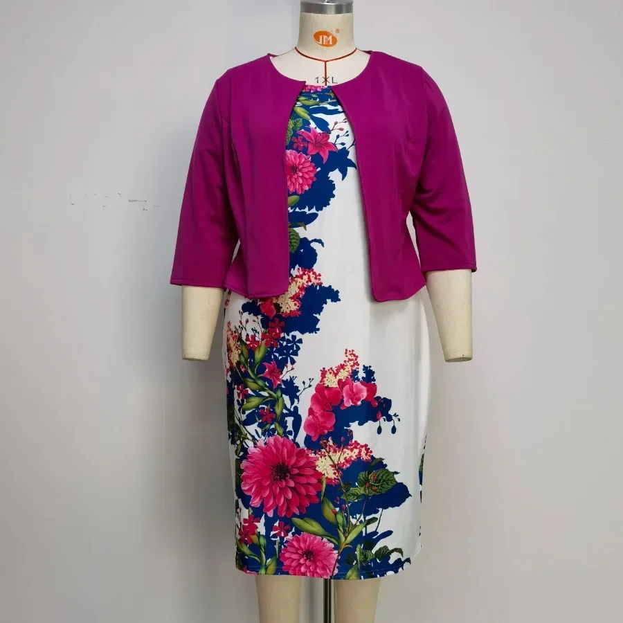 Plus Size Floral Print Turkey Style Office Ladies Coat and Dress Suit For Women