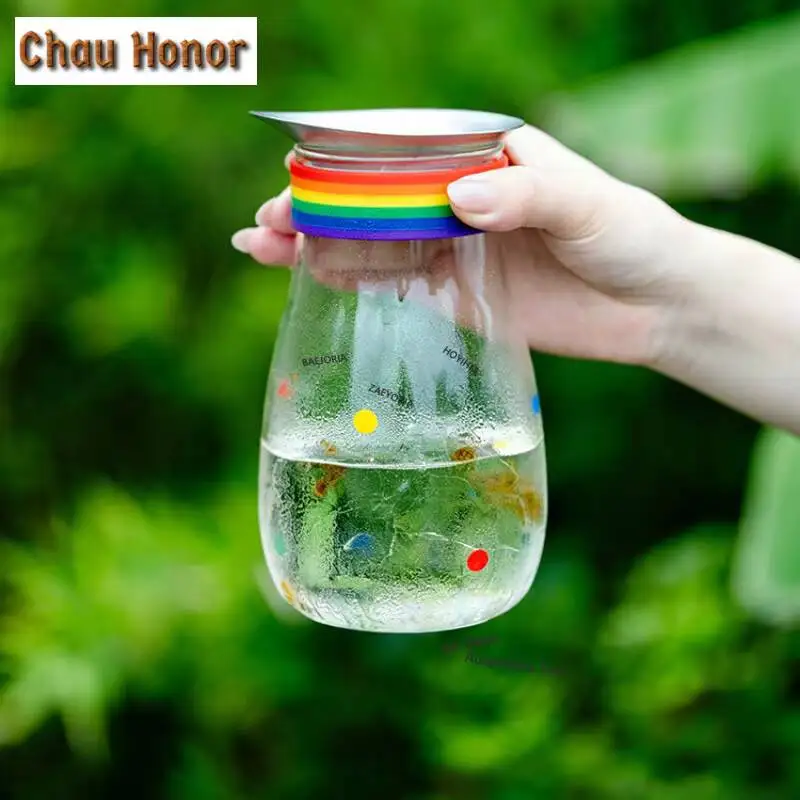 ZAEYORIA 800ml Polka Dot Rainbow Glass Kettle Cold Brew Pot Transparent Tea Set High Borosilicate Heat-resistant Water Kettle
