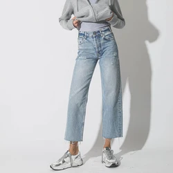 Classic Ripped High Waist Jeans Women 2024 New Chic Washed Blue Distressed Pocket Denim Trouser Streetwear Fashion Straight Pant