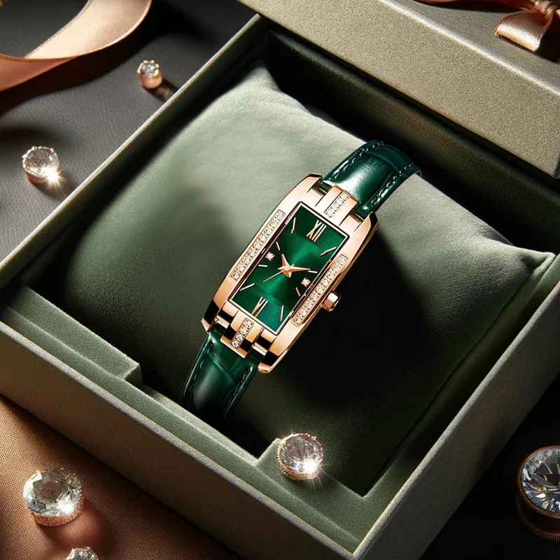 

1pcs ladies' rose green PU belt fashionable style niche square nail pointer quartz watch