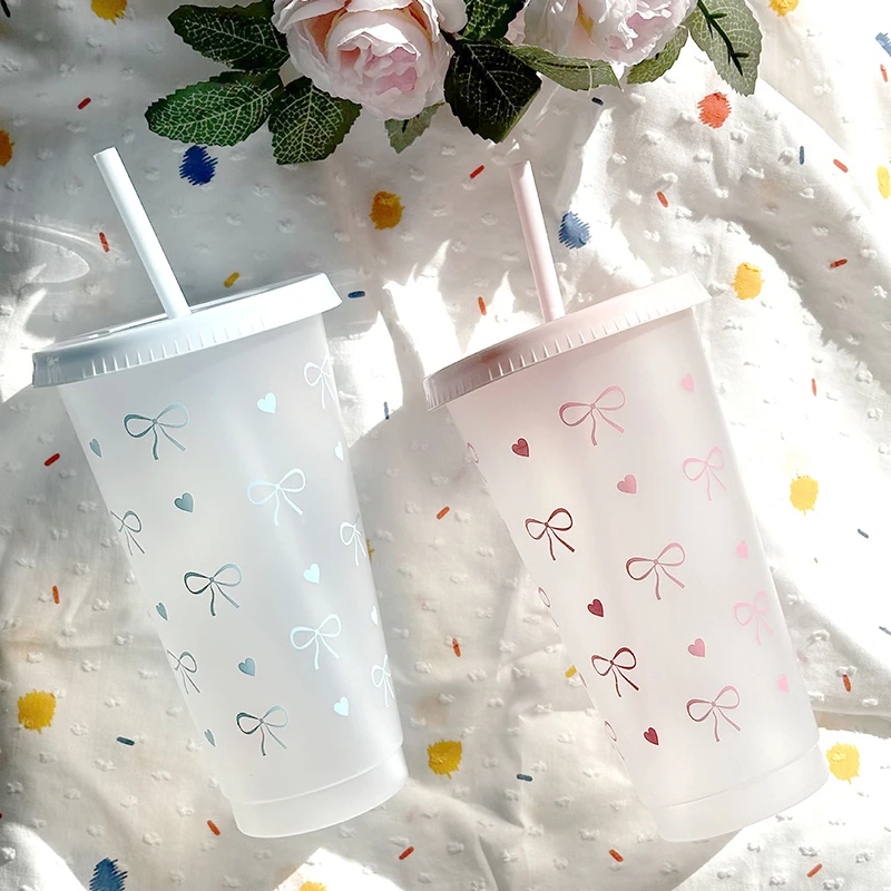 1Pc a Cute Bowknot Water Bottle Aesthetic Tumbler For Ice Coffee Juice Te Plastic Cups With Straw Lid Portable Drinking Bottle