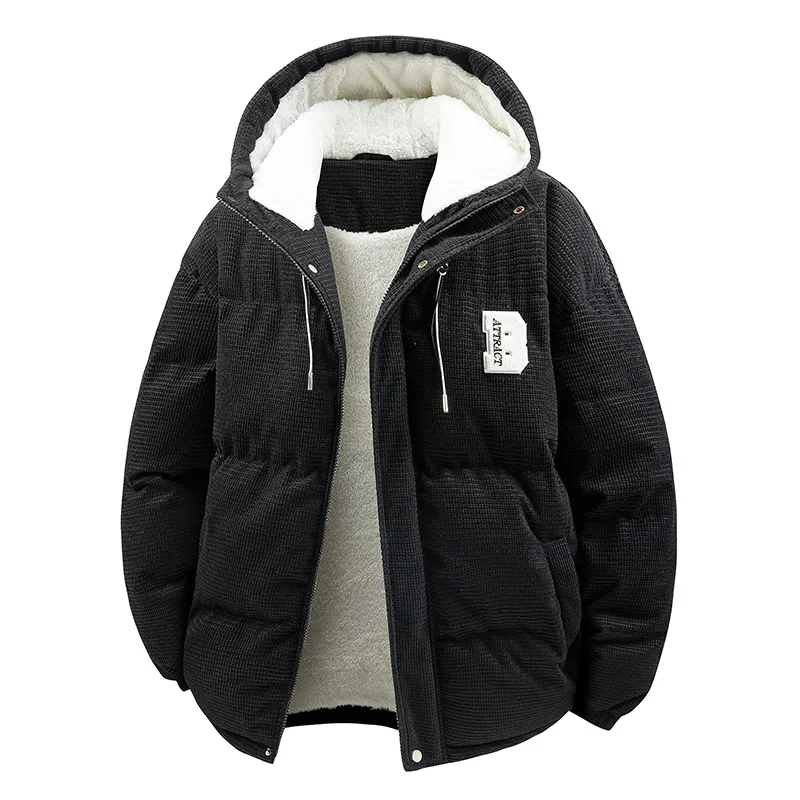 سترة سروال قصير من القطن الدافئ للرجال في الشتاء مع سترة بغطاء للرأس عازلة مخملية مضافة، سترة خبز فضفاضة وسميكة مقاومة للرياح #1