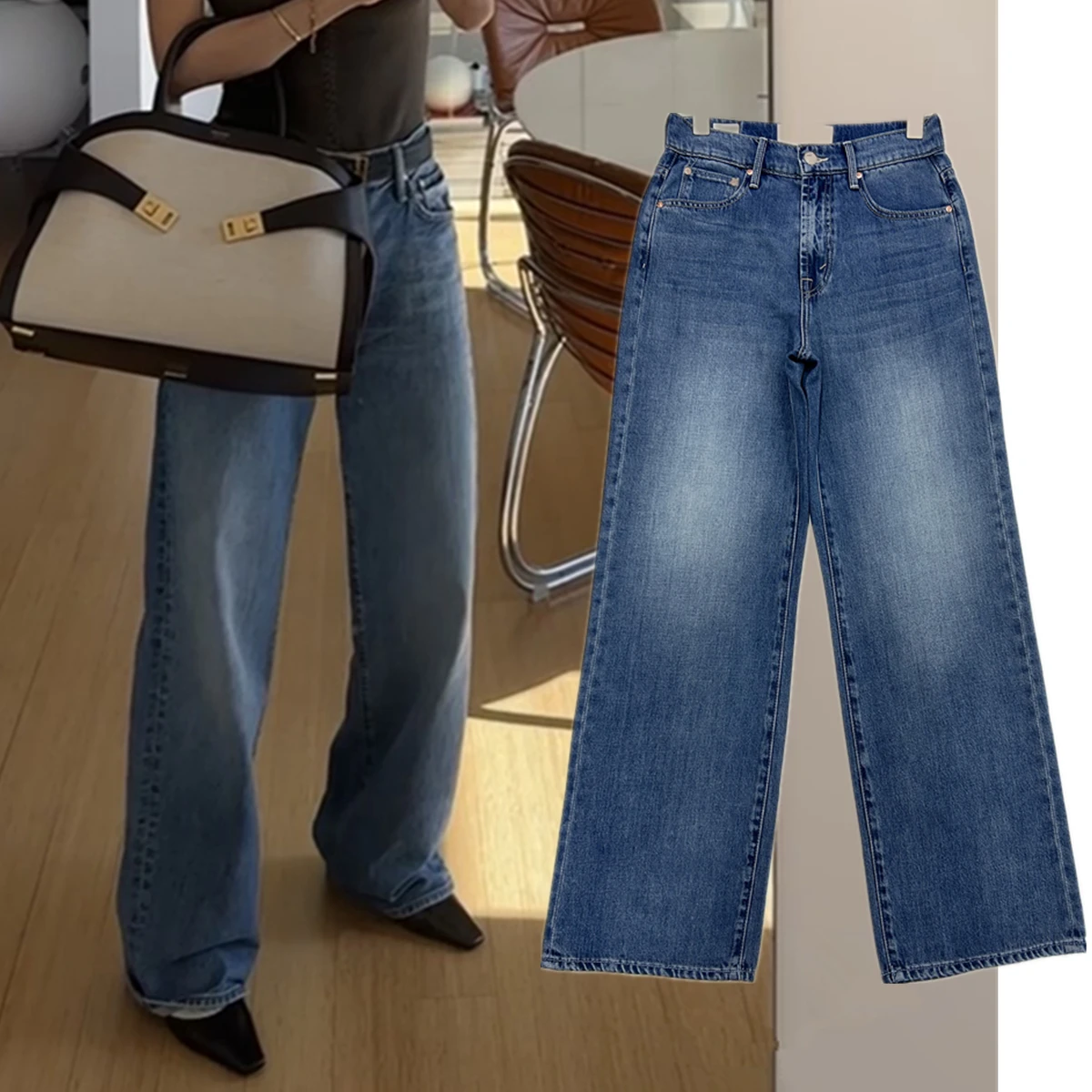 

Maxdutti Fashion Office Ladies Minimalist Lyocell Linen Medium Low Waist Wide Leg Straight Leg Mom Jeans Denim Pants For Women