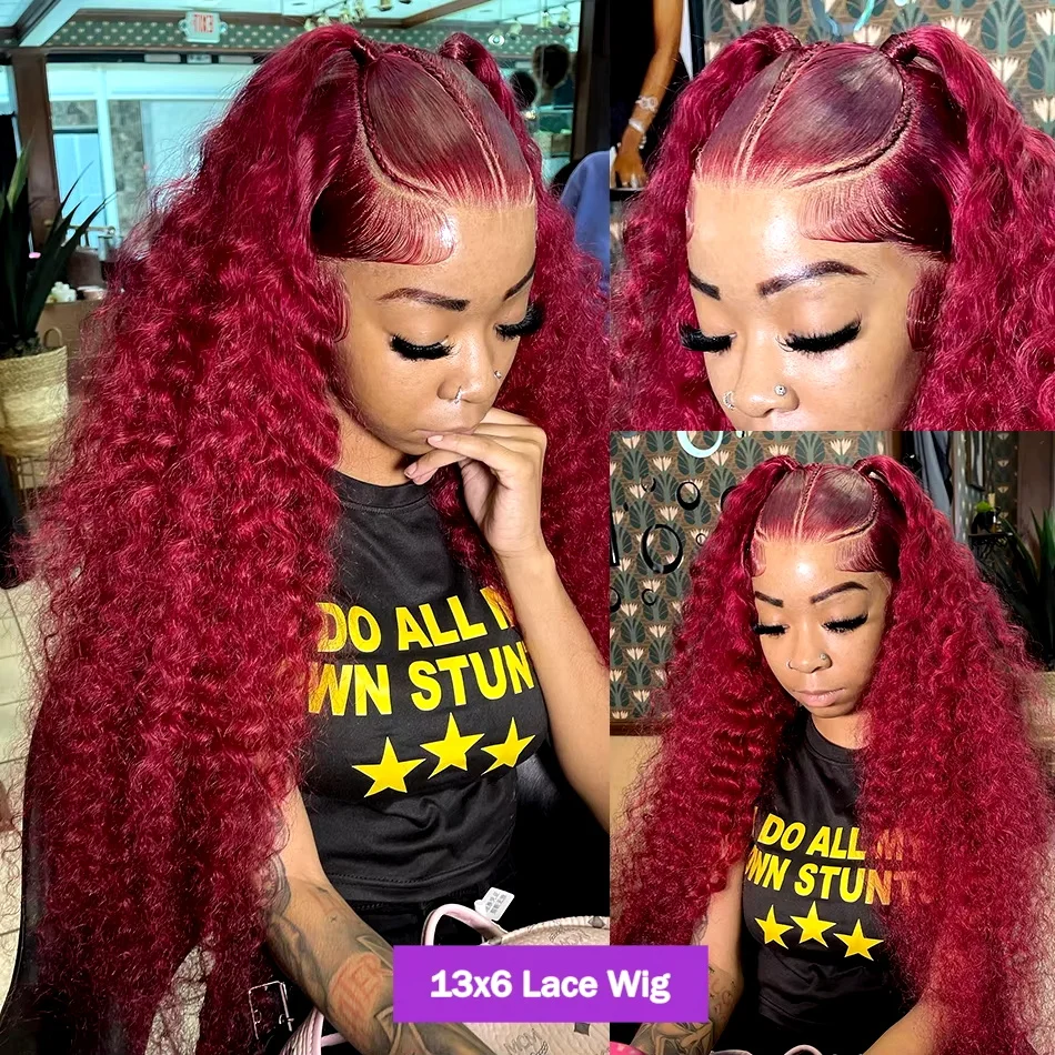 250% Brazylijski 99J Burgundy 13x4 Deep Wave Frontal Wig Human Hair 30 inch Red Colored Curly 13x6 HD Lace Front Wigs For Women