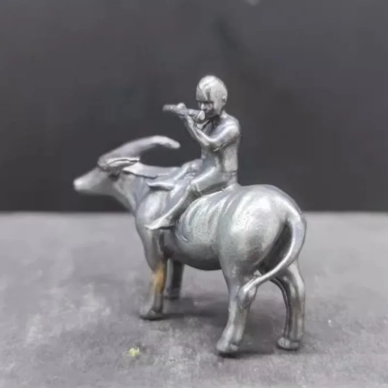 Vintage Solid Brass Fluting Boy On Buffalo Figurine Chinese Shepherd Boy Mini Desktop Zen Tea Pet Collectible Ornament