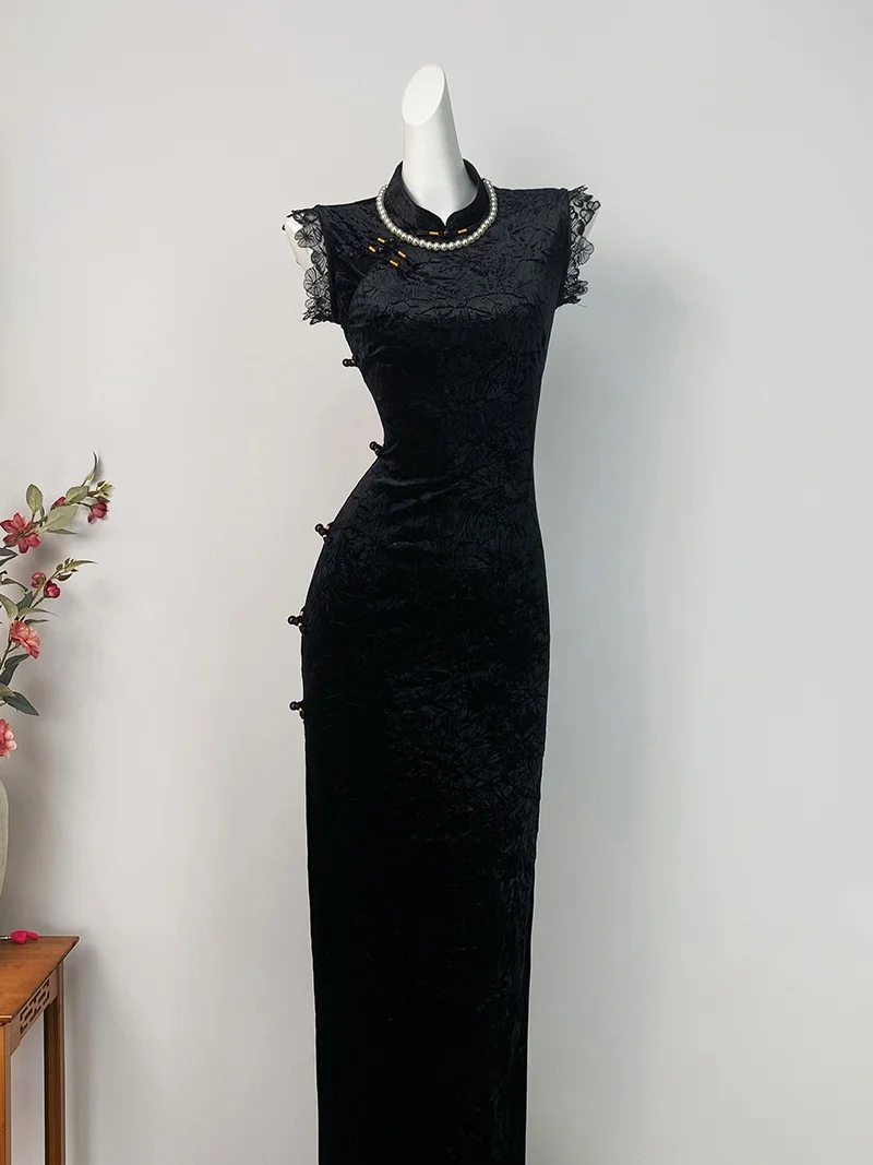 

Элегантное черное бархатное платье с эластичным поясом в китайском стиле для женщин, дышащее, короткое