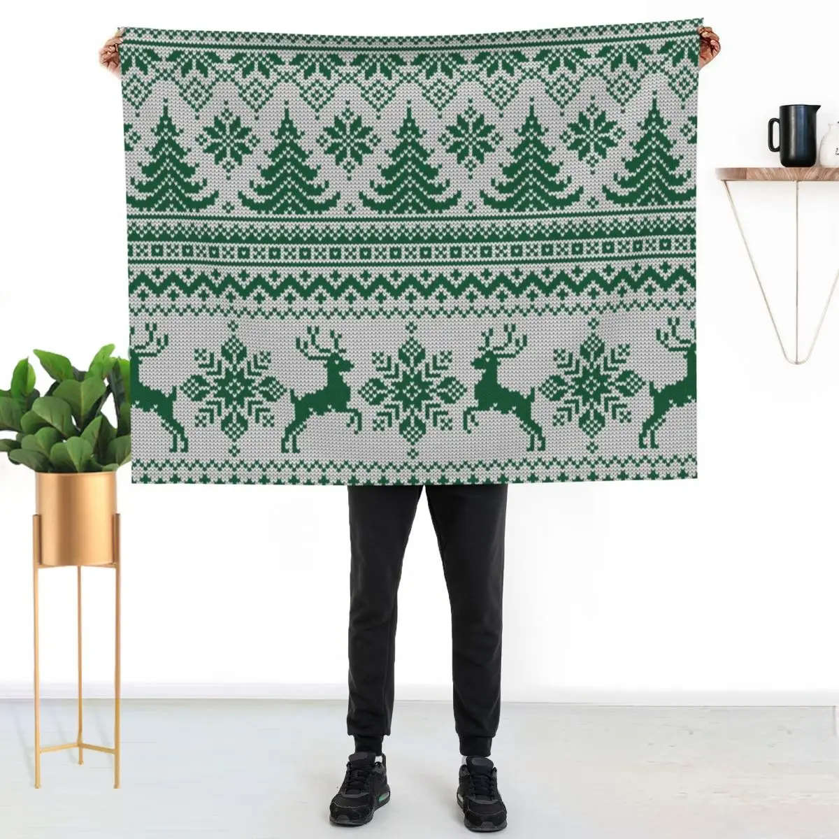 Christmas Knit White-Green Throw Blanket Cozy Home Blanket Gift for Christmas Holiday
