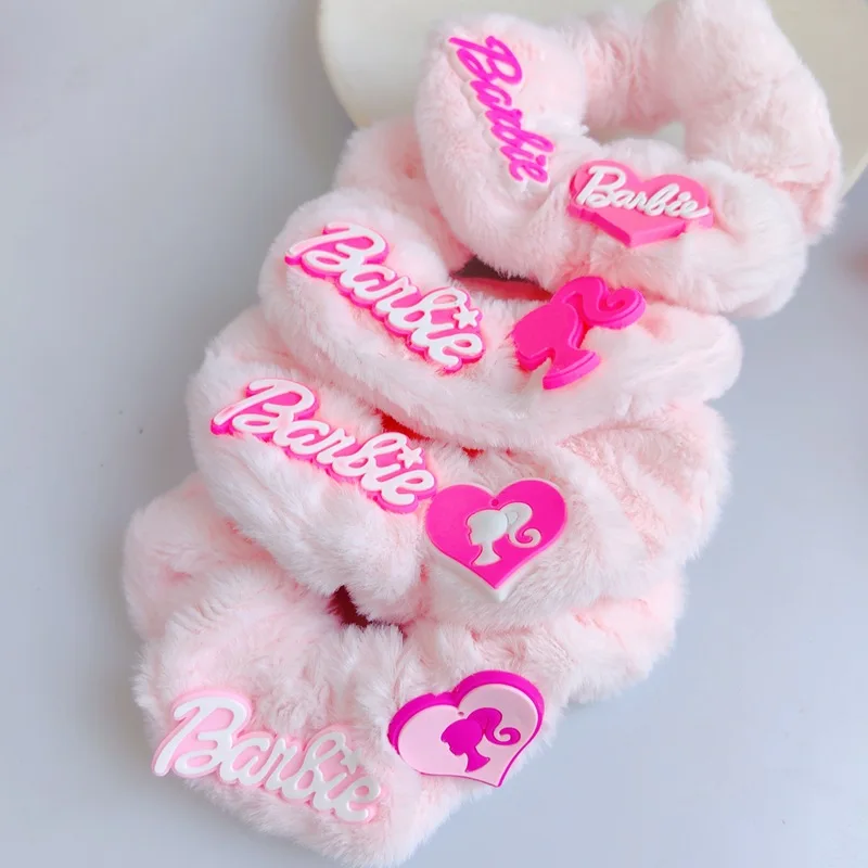 Anime Kawaii Barbie Plush Scrunchie Korean Style Alphabet Princess Hair Rope Pink White Barbies Girl Headdress Toy Gifts