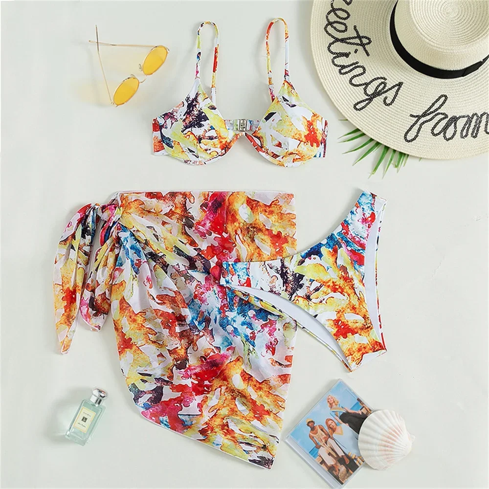 

Sexy Tie Dye Bikini Underwire Sling Swimsuit Multicolor Holiday Swimwear Knotted Cover Up Women Beach Summer Outfit Bathing Suit