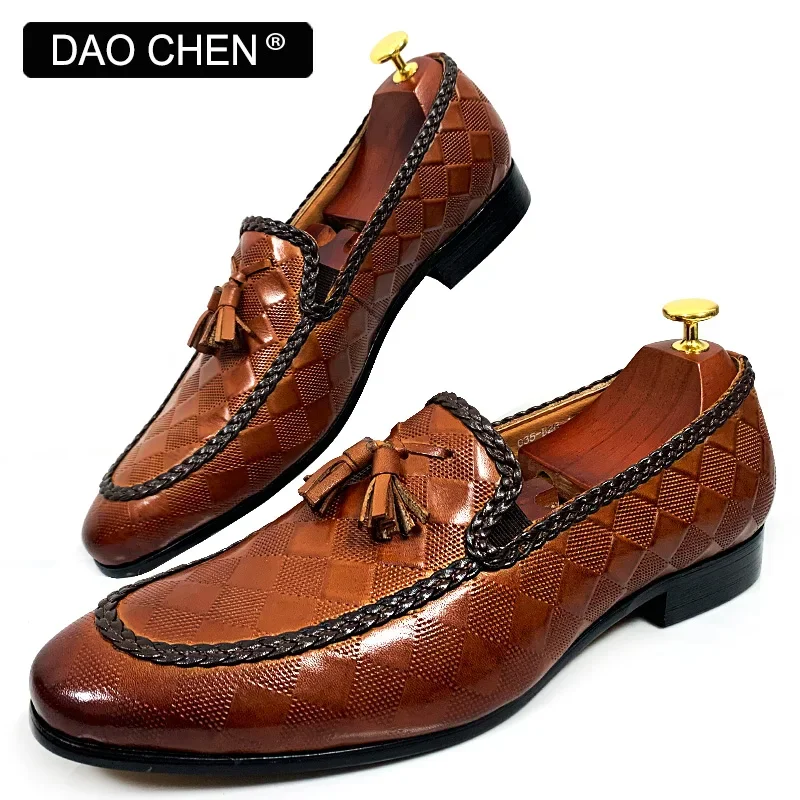 LUXURY BRAND MEN LOAFERS SHOES BROWN BLACK TASSEL LOAFERS SLIP ON CASUAL DRESS SHOE MAN WEDDING OFFICE LEATHER SHOES MEN