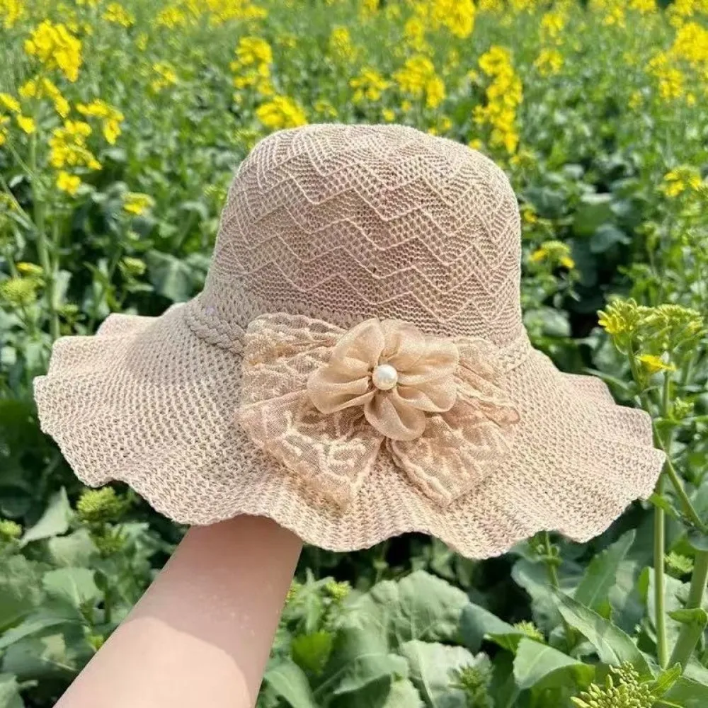 Sweet Solid Color Wide Brim Knitted Hat Flower Breathable Weave Bucket Hat Lightweight Lace Bow Beach Sun Hat Summer