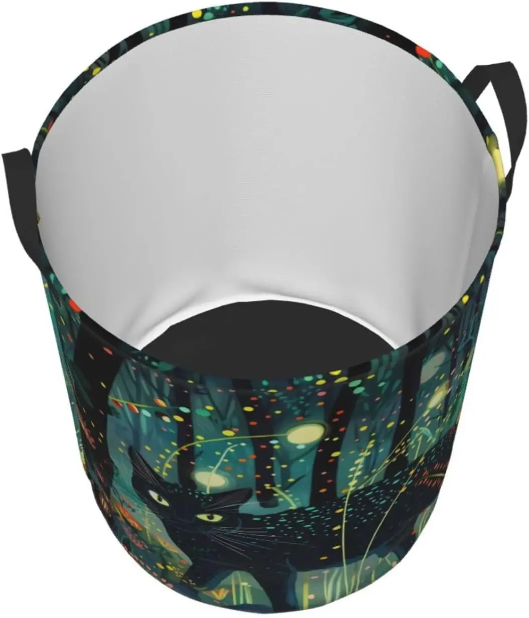 Mystical Black Cat Fireflies Print Laundry Basket Circular Laundry Hamper With Handles Waterproof Dirty Clothes Storage Basket