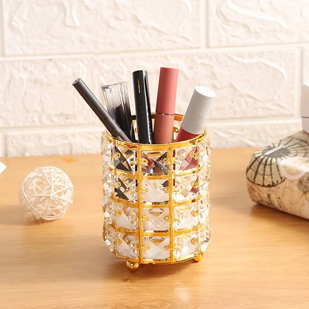 Luxury Metal+Crystal Makeup Brush Holder Nordic Style Desktop Organization Pen Holder Desktop Storage Bucket