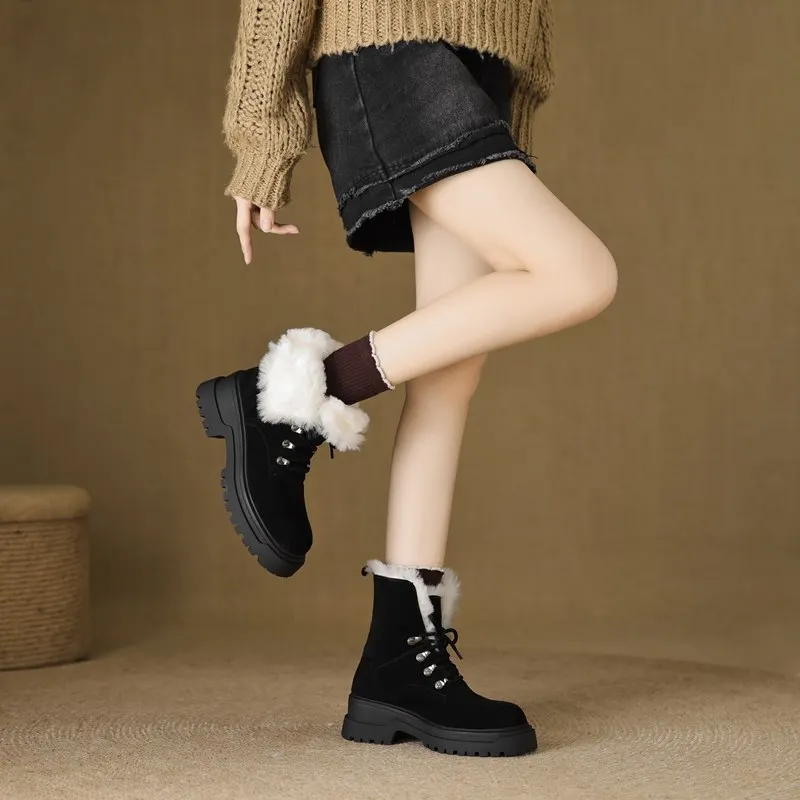 MORAZORA Cow Suede Leather Snow Boots Women Lace Up Round Toe Platform Ankle Boots Nature Wool Warm Winter Boots Ladies Shoes image 6