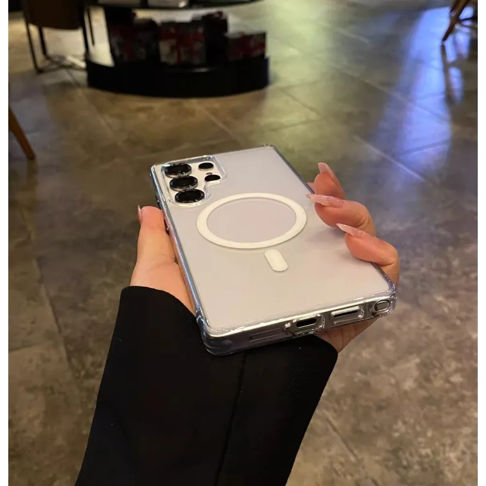 حافظة مغناطيسية أصلية شفافة غير لامعة لهاتف سامسونج جالاكسي S25 الترا بلس S24 شحن لاسلكي رفيع ونحيف مضاد للسقوط