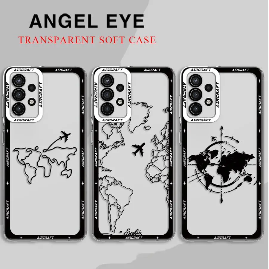 Planes World Map Travel Phone Case for Samsung Galaxy A73 5G A55 A35 A14 A13 A54 A23 A34 A33 A15 A24 A25 A53 A23 Clear Cover