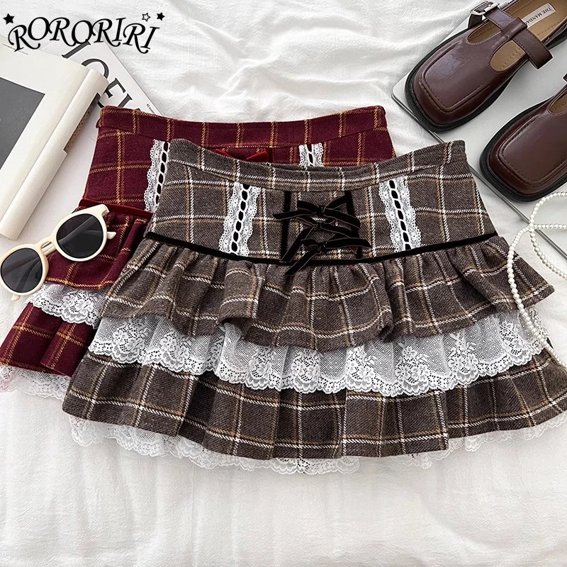 RORORIRI Vintage Plaid Layered Ruffle Cake Skirt Women High Rise Bow Lace Trim A-line Puffy Mini Skirt JK School Uniform Clothes