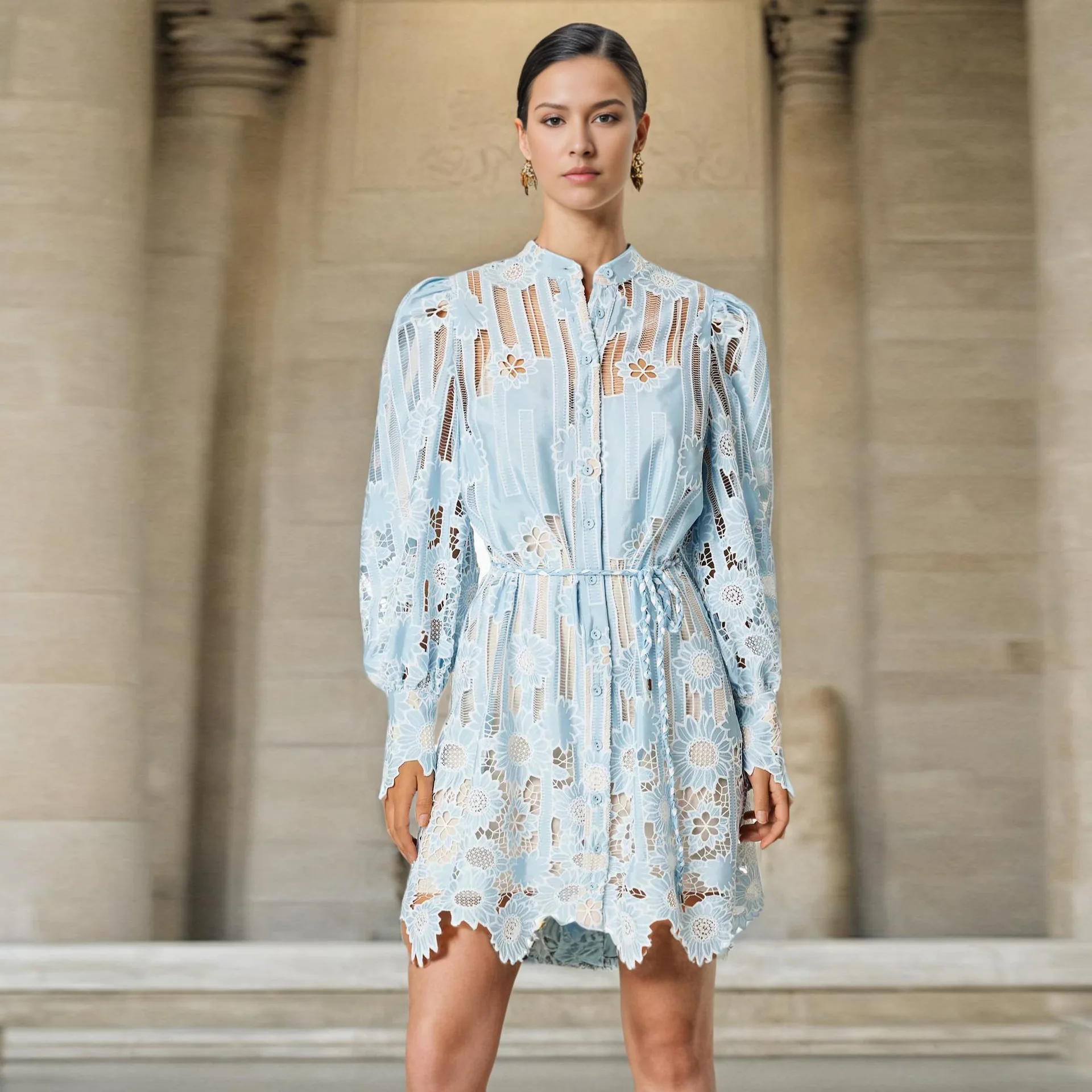 

Fashion vacation style new stand-up collar heavy industry hollow embroidery waist thin short dress simple temperament elegant ve