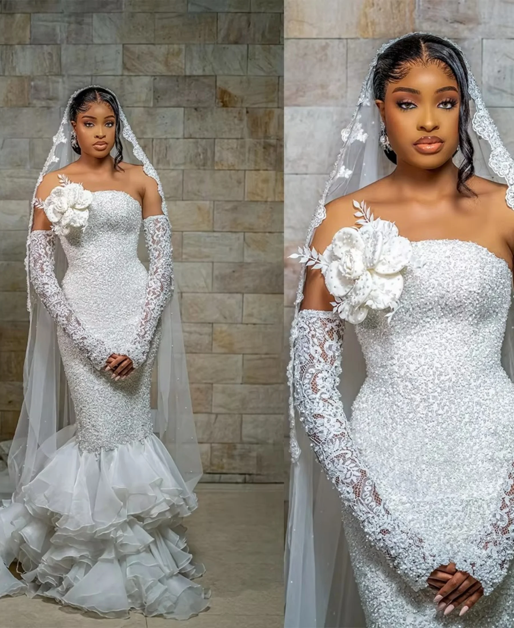 Elegant Mermaid Wedding Dress Straplesss Beaded Sequins Bride Dress Ruffles Sleeveless Floor Length Customzied Vestidos De Novia