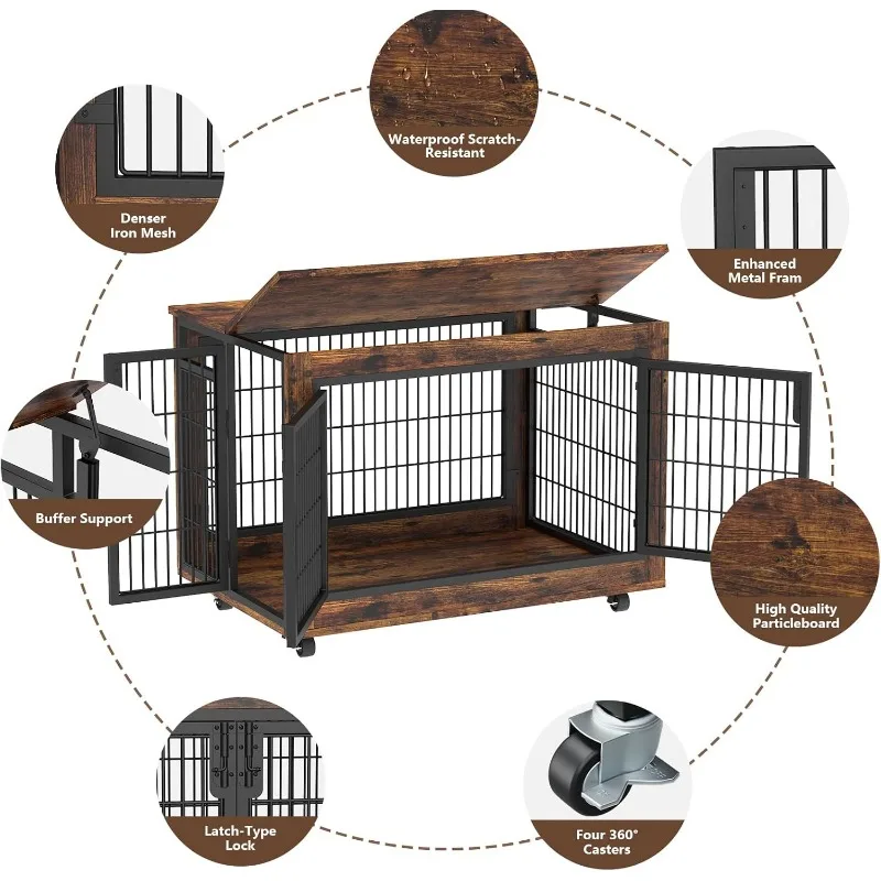 Extra Large Dog Crate Furniture with Top-Access Teasing/Feeding Door,Moveable Furniture-Style Pet Cage with Wheels Double Doors